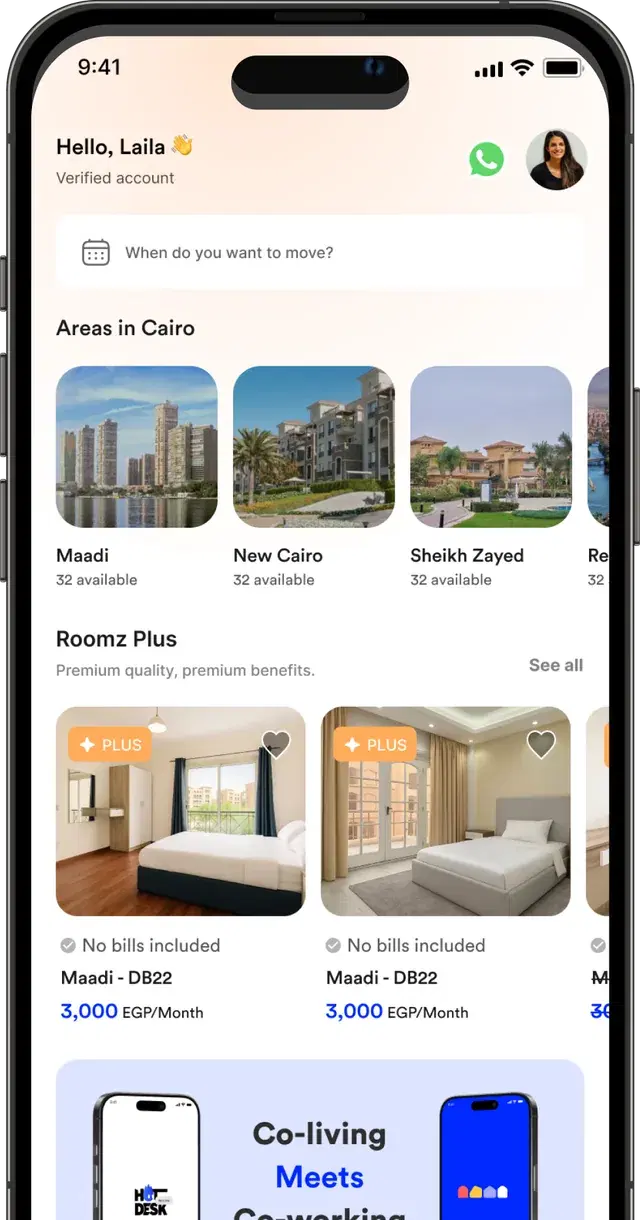 Roomz.rent app home screen showing areas in Cairo and Roomz Plus rooms